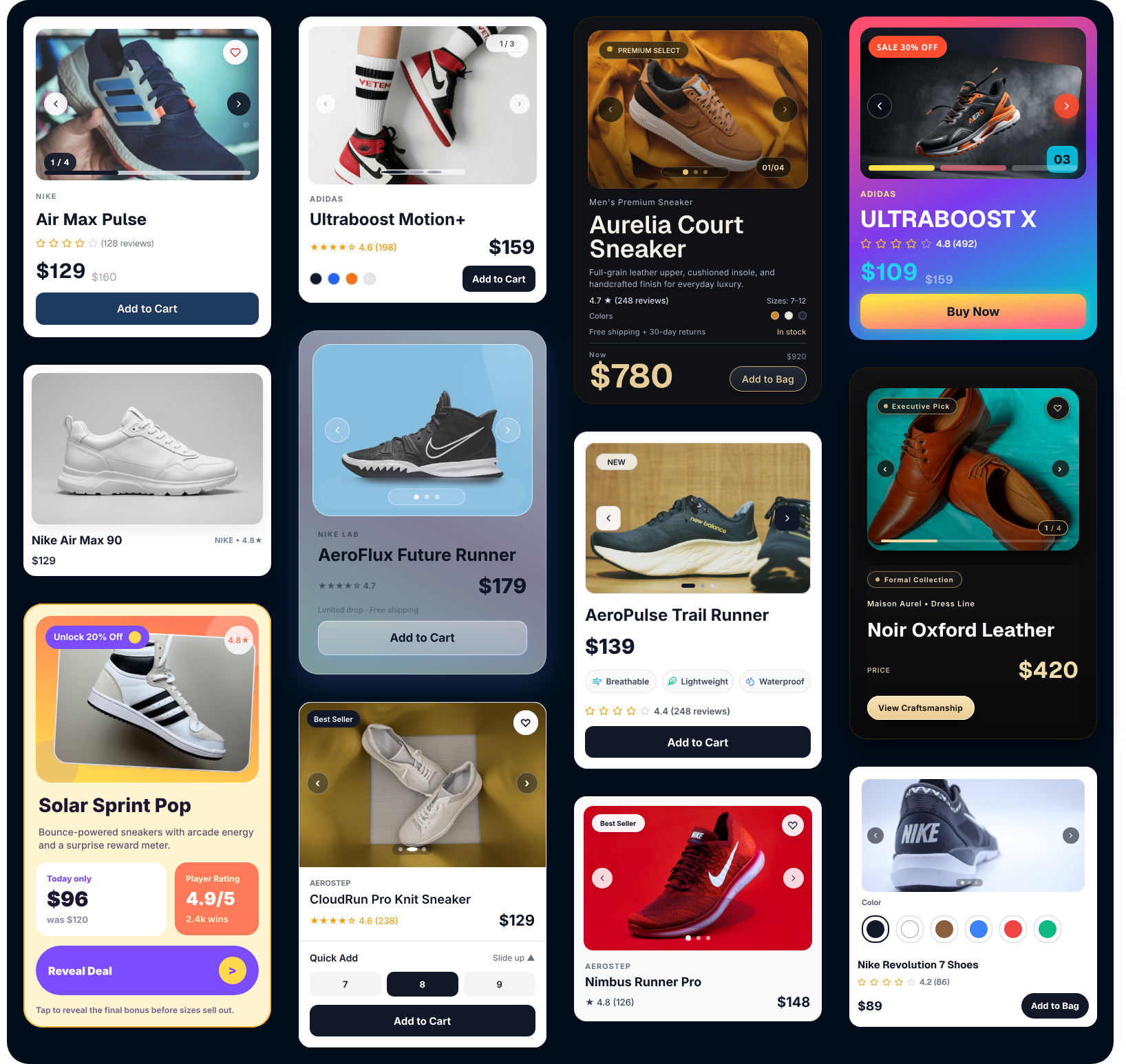 Cover page for shoe product card in Masonry layout